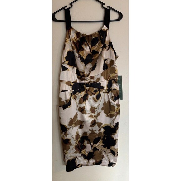 Nine & Co 12 Brown & Ivory Floral Sleeveless Satin A Line Dress With Pockets - Picture 1 of 6